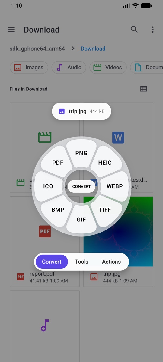 The Convert wheel for a photo on Android