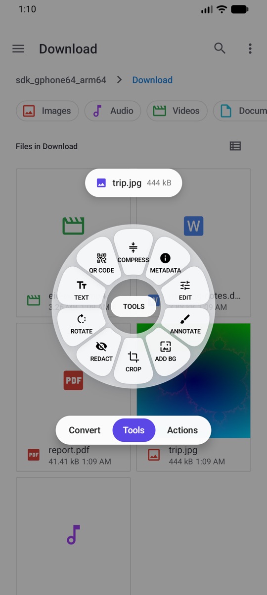 The Tools wheel for a photo on Android
